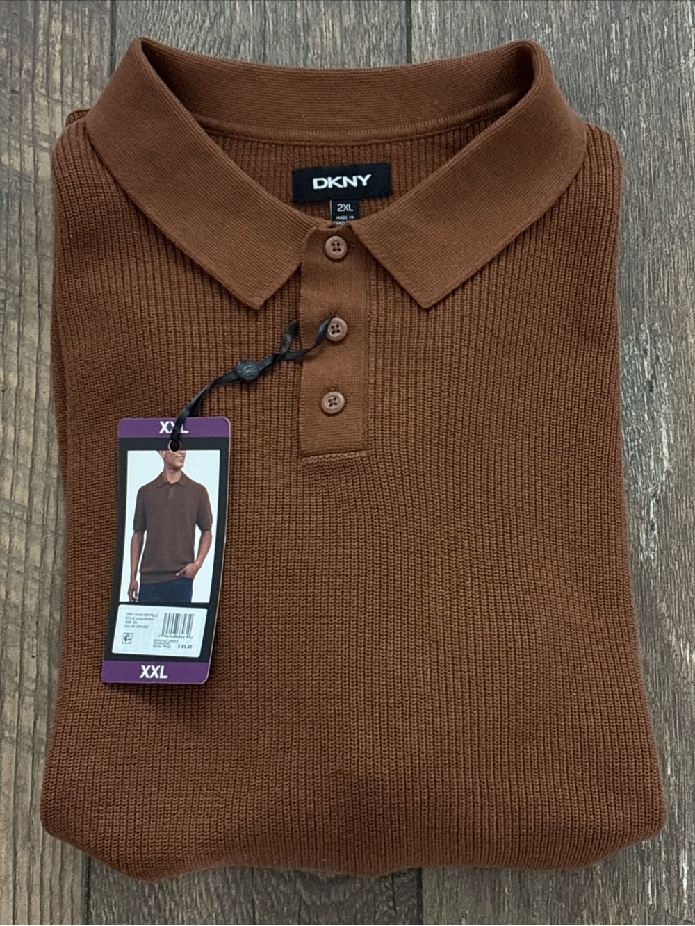 DKNY Sweater NWT Ribbed Polo Shirt Men’s XXL Rust Color Cotton Short Sleeve
